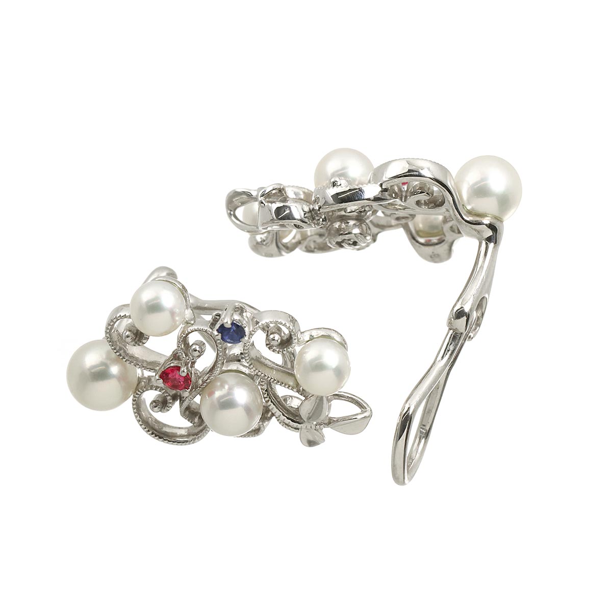 Akoya Pearl Ruby Sapphire Earrings Clip on 18K White Gold 750
