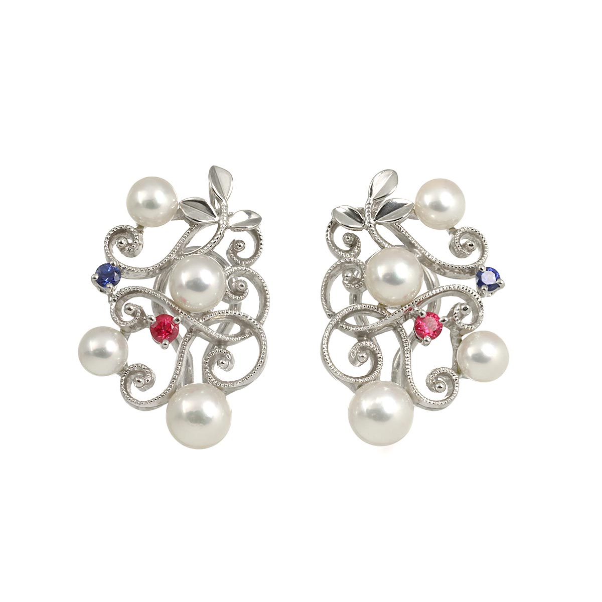 Akoya Pearl Ruby Sapphire Earrings Clip on 18K White Gold 750