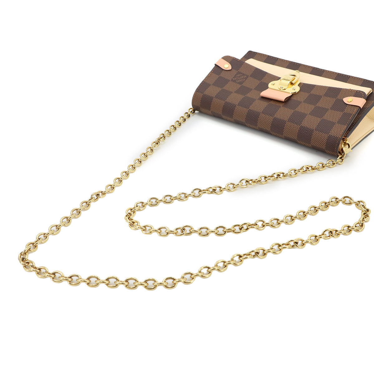 Damier Vavin Chain Long Wallet Ebene White Pink N60237
