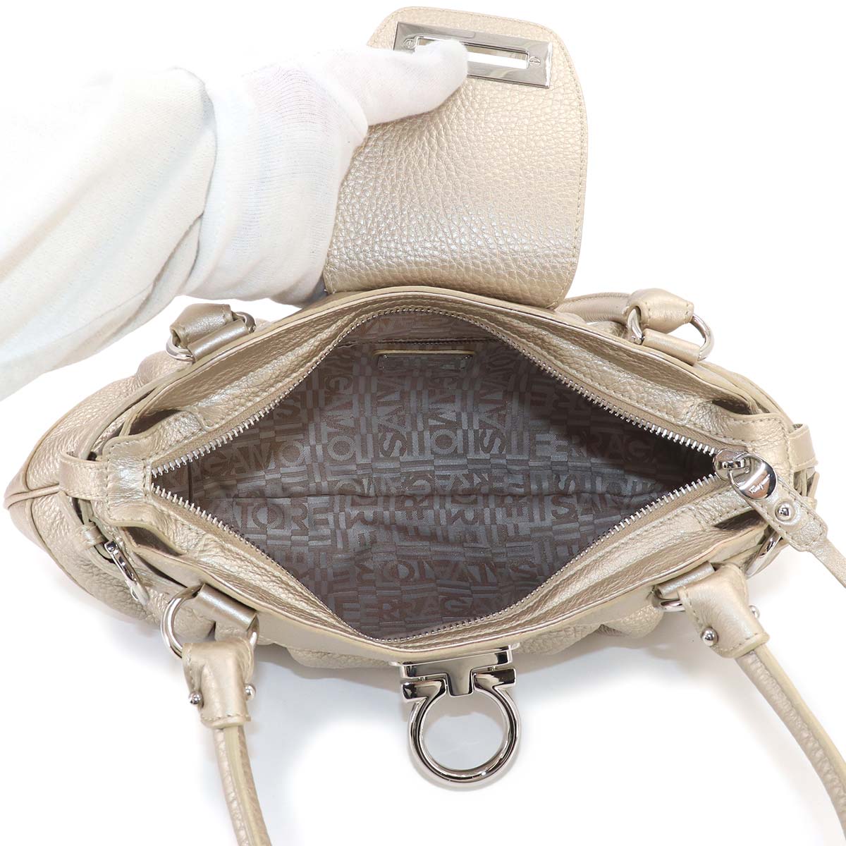 Salvatore Ferragamo Gancini Hand Bag Leather Gold Purse