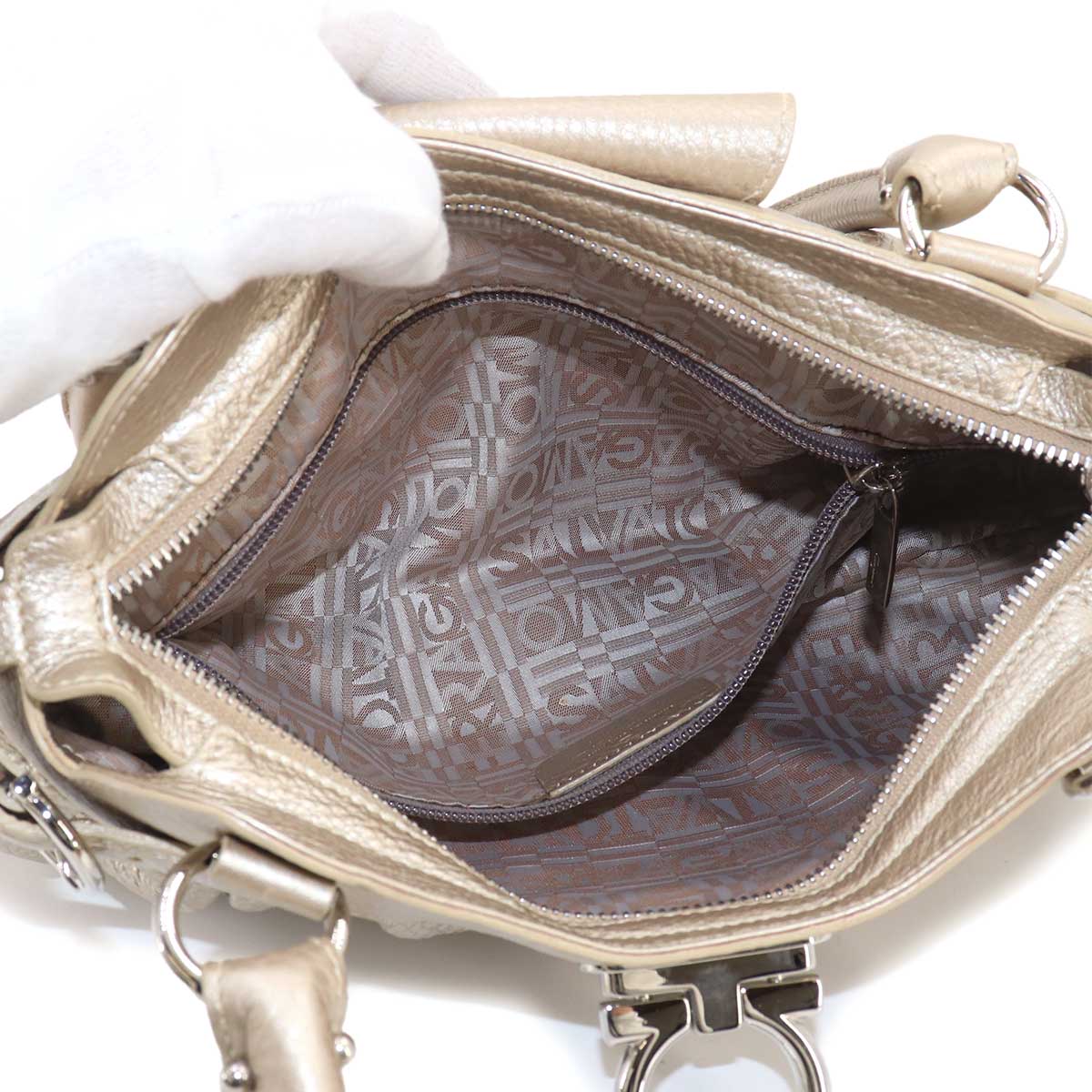 Salvatore Ferragamo Gancini Hand Bag Leather Gold Purse