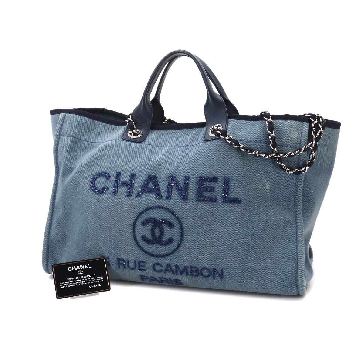 Deauville GM Tote Chain Shoulder Bag Denim Leather Blue Purse