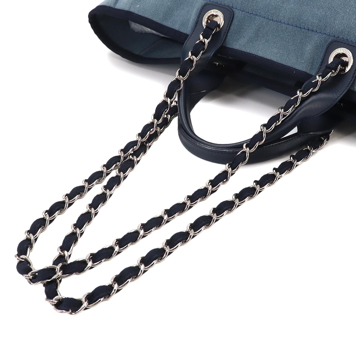 Deauville GM Tote Chain Shoulder Bag Denim Leather Blue Purse