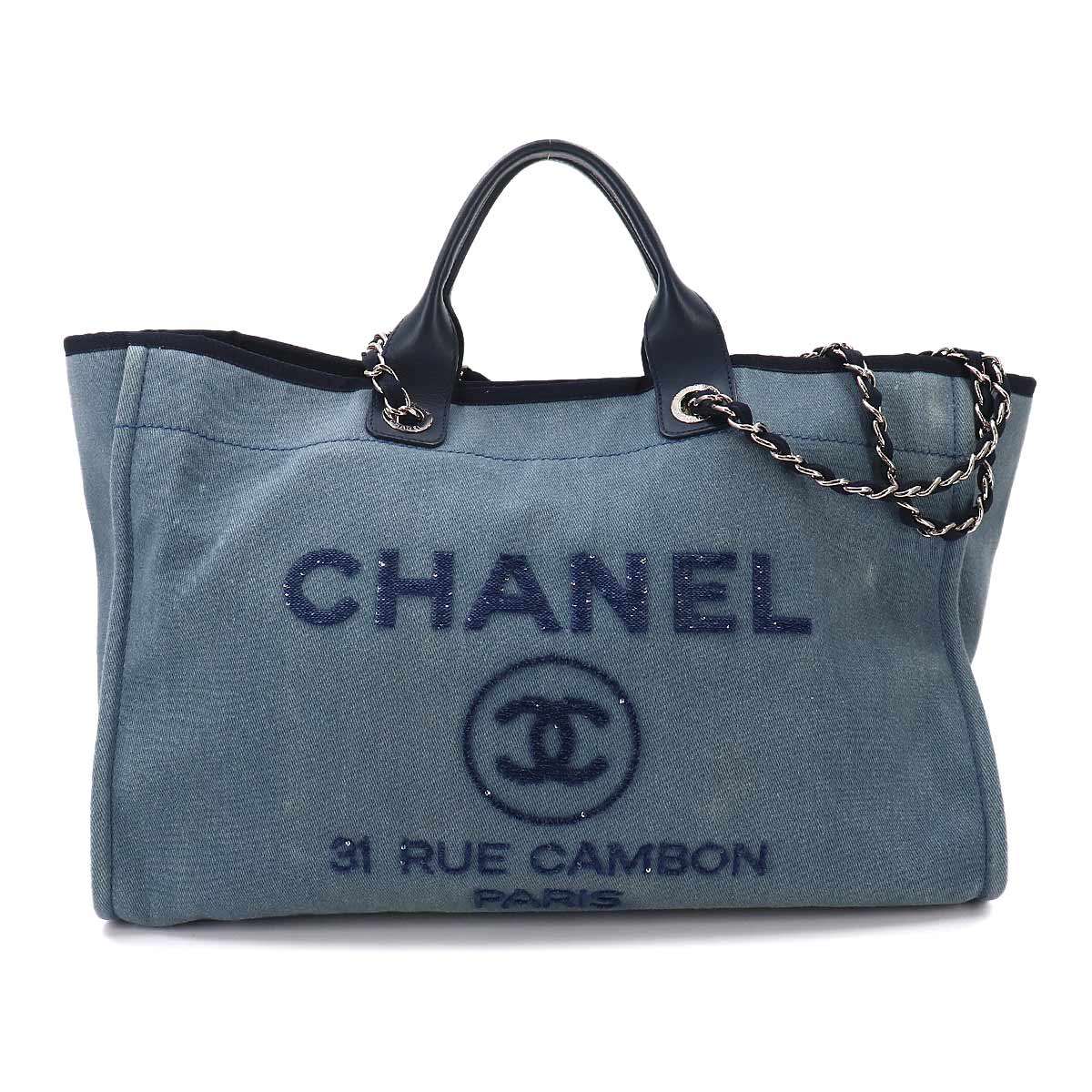 Deauville GM Tote Chain Shoulder Bag Denim Leather Blue Purse