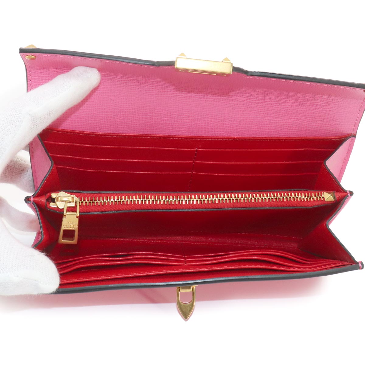 Rock Studs Long Wallet Leather Pink Red