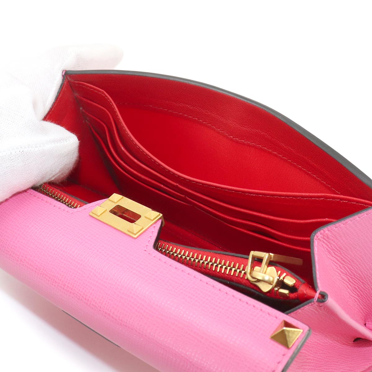 Rock Studs Long Wallet Leather Pink Red