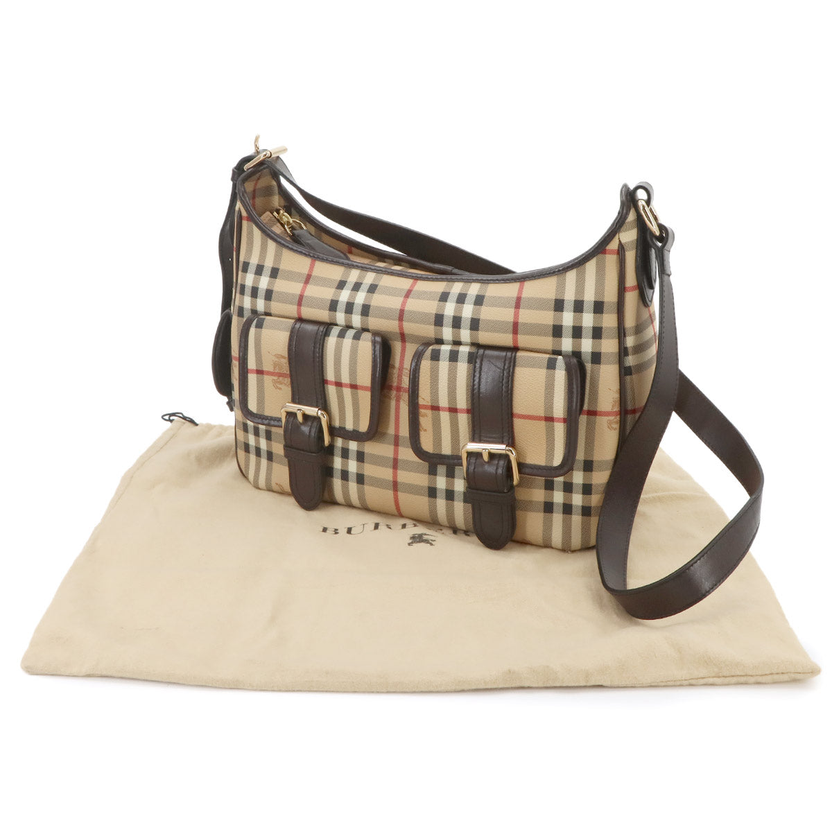 Plaid Shoulder Bag PVC Leather Beige Brown Purse