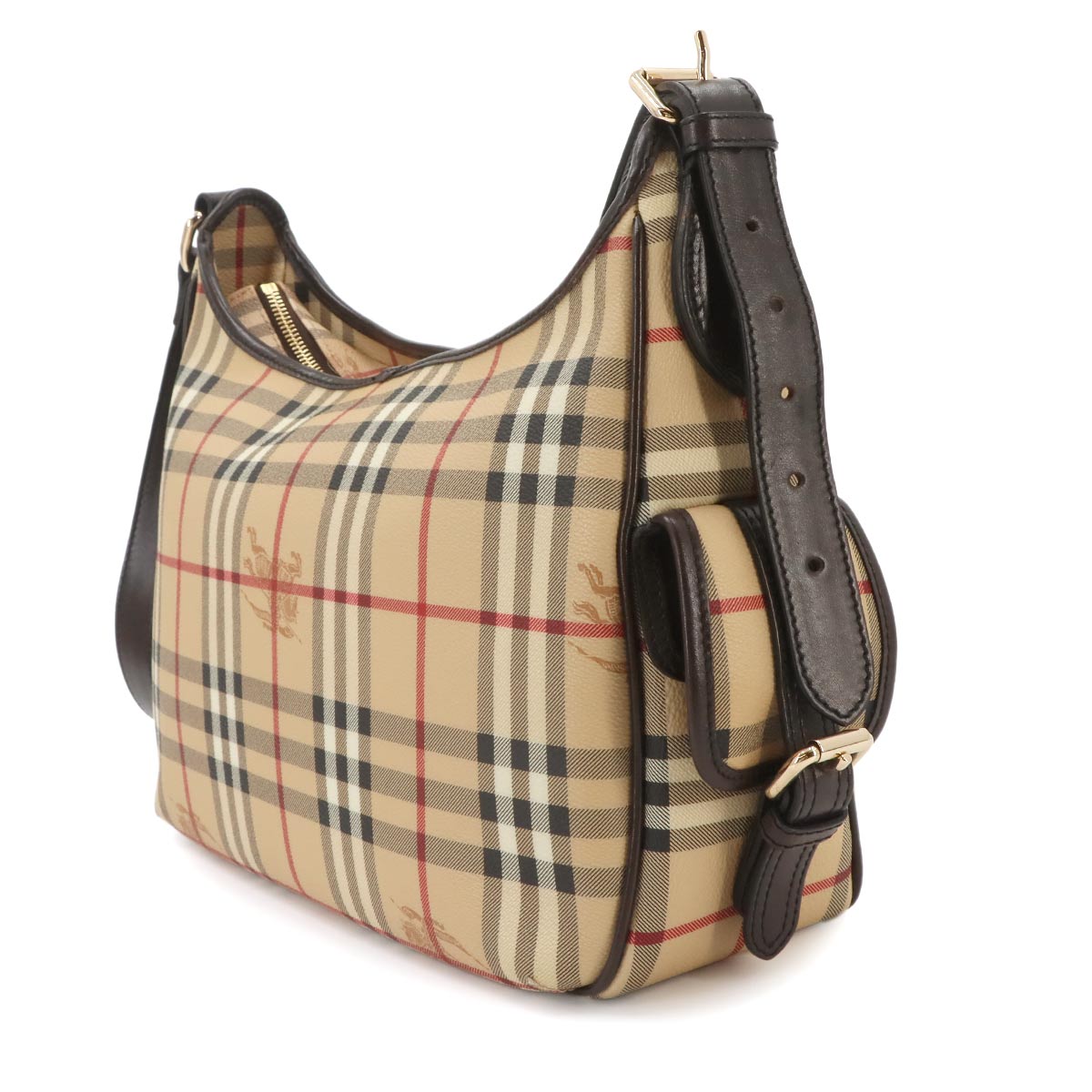 Plaid Shoulder Bag PVC Leather Beige Brown Purse
