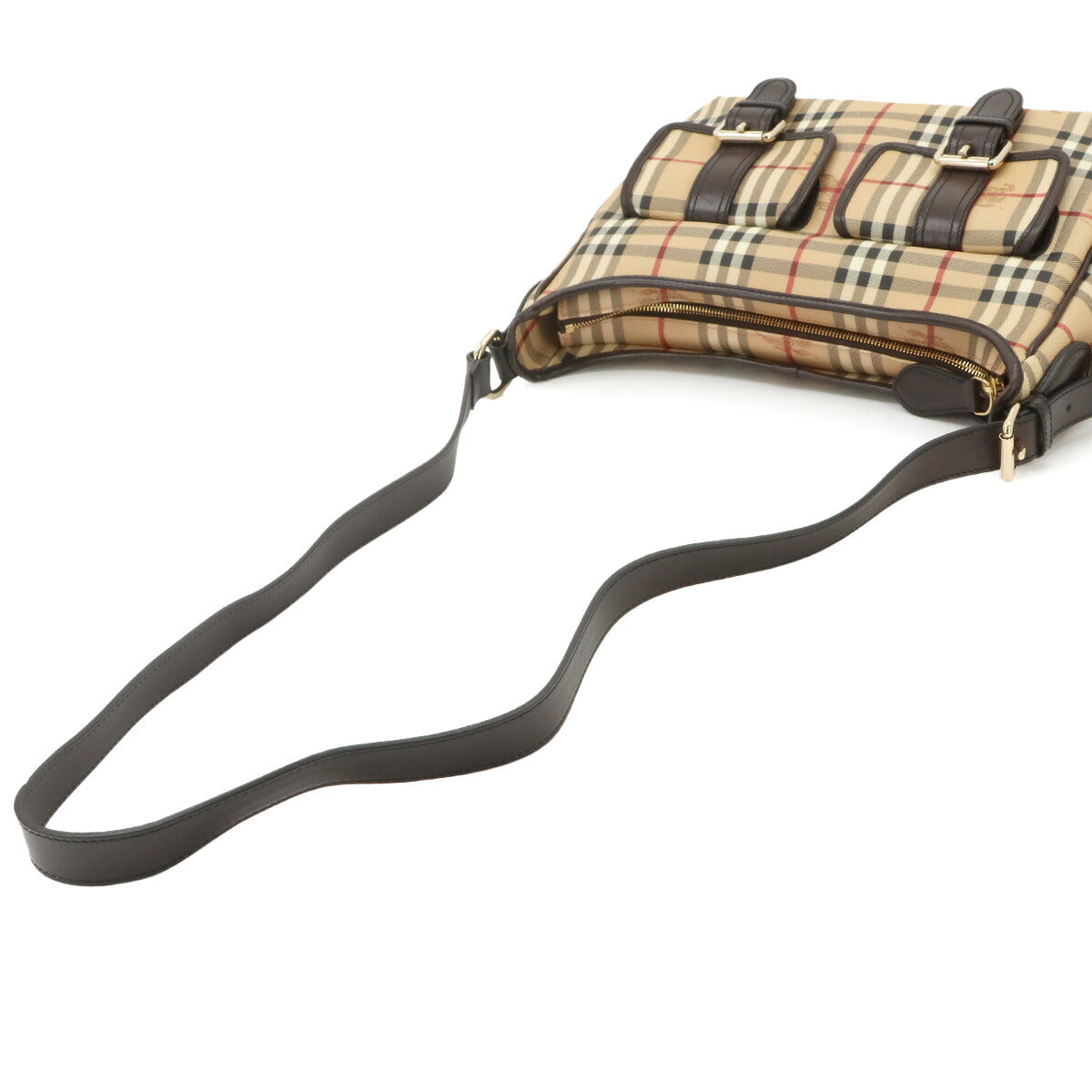 Plaid Shoulder Bag PVC Leather Beige Brown Purse