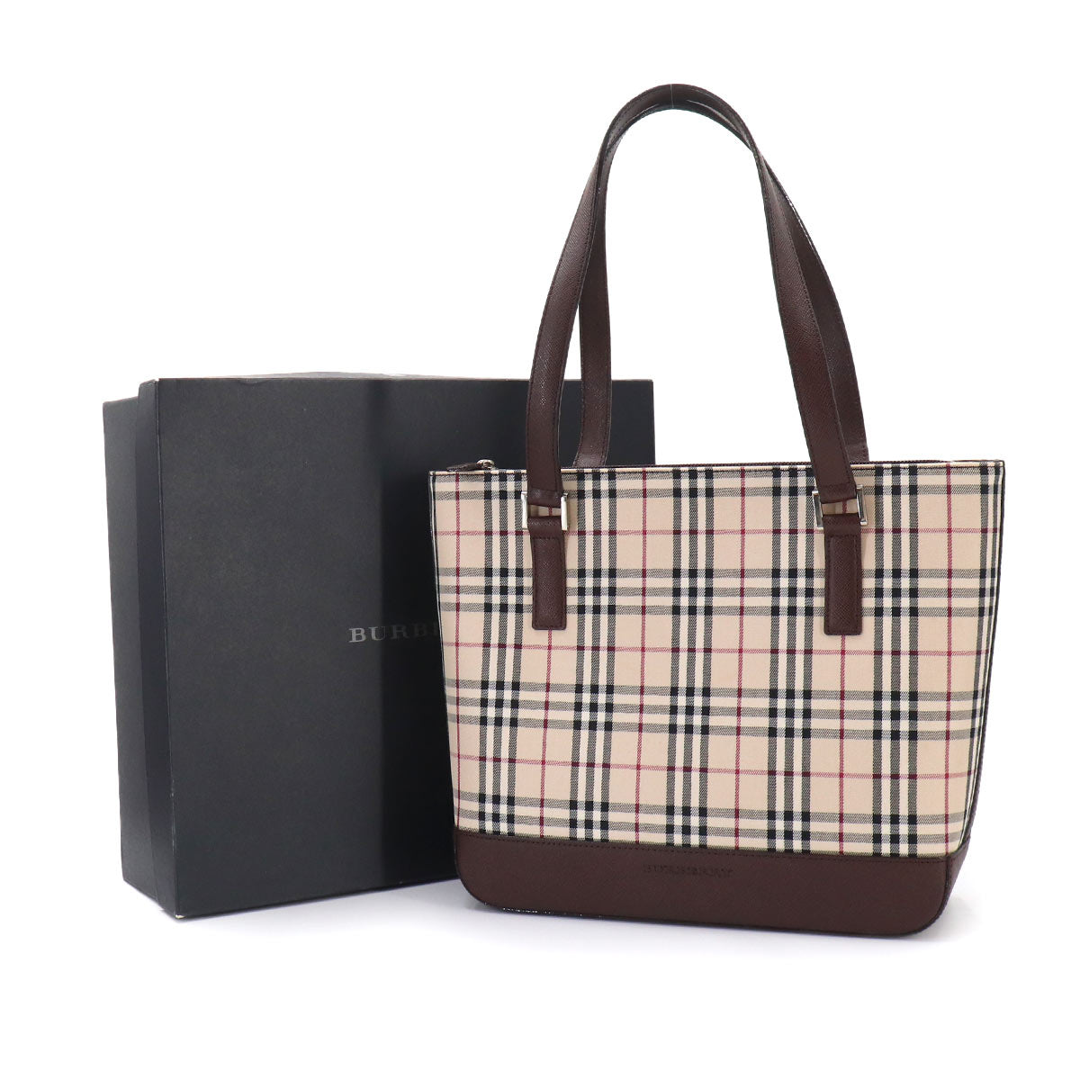 Plaid Tote Bag Canvas Leather Beige Brown Purse