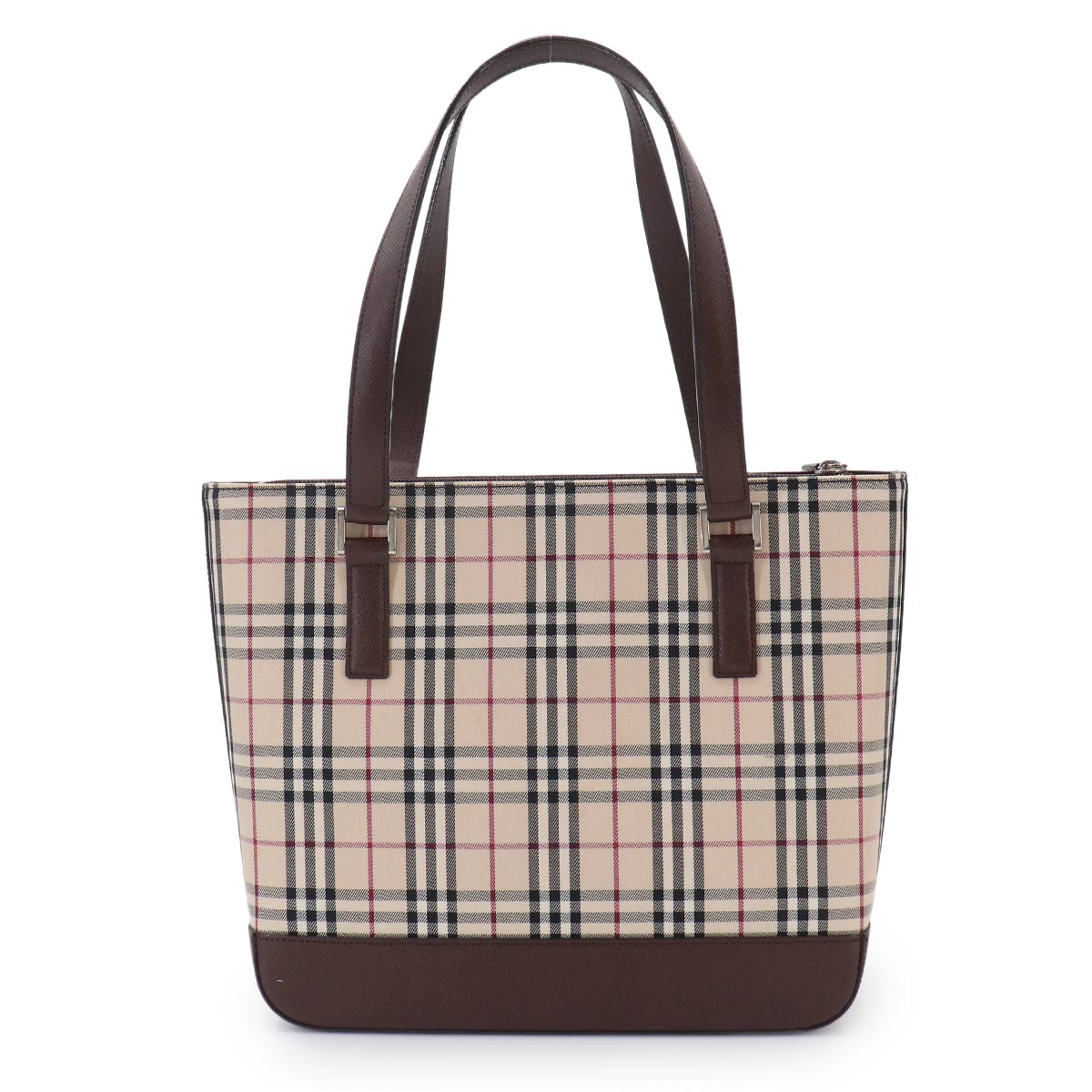 Plaid Tote Bag Canvas Leather Beige Brown Purse