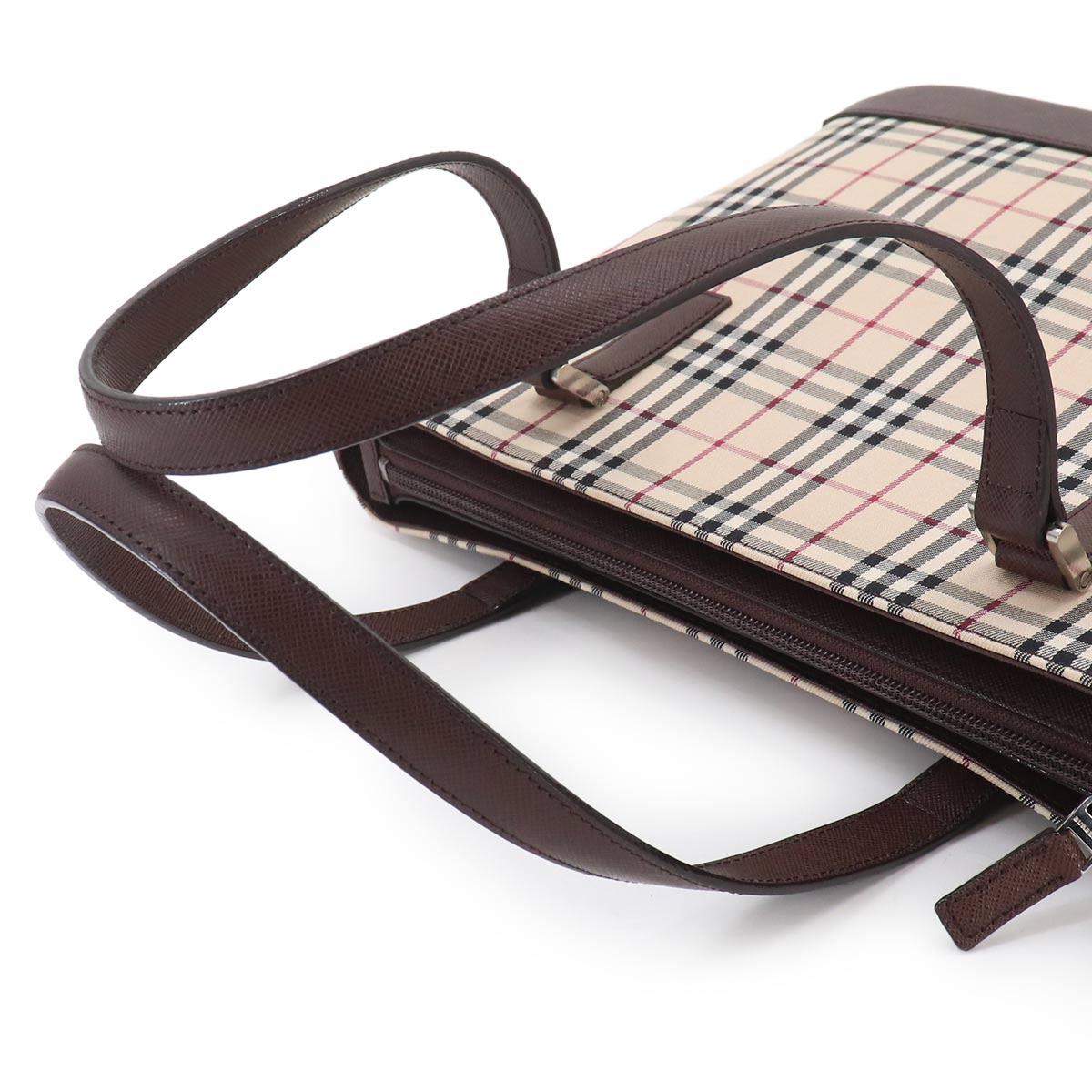 Plaid Tote Bag Canvas Leather Beige Brown Purse