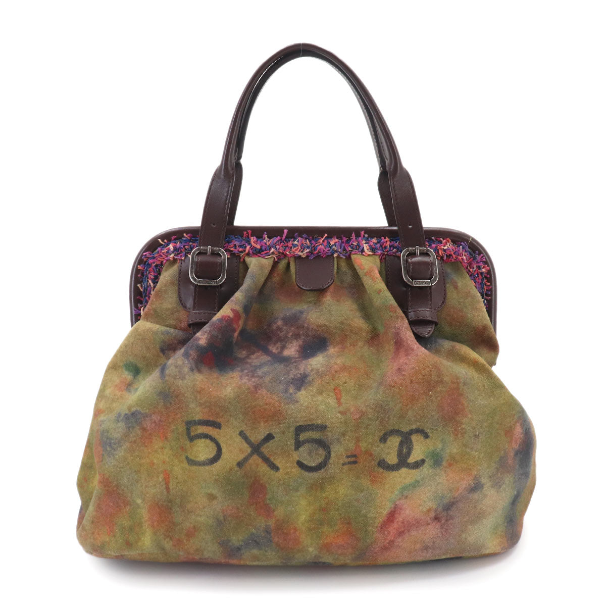 CHANEL Embroidery Graffiti Hand Bag Canvas Leather Khaki Brown A92791
