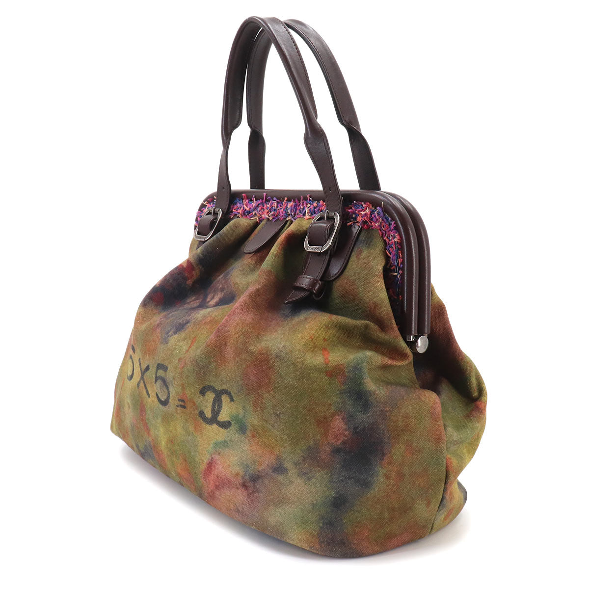 CHANEL Embroidery Graffiti Hand Bag Canvas Leather Khaki Brown A92791