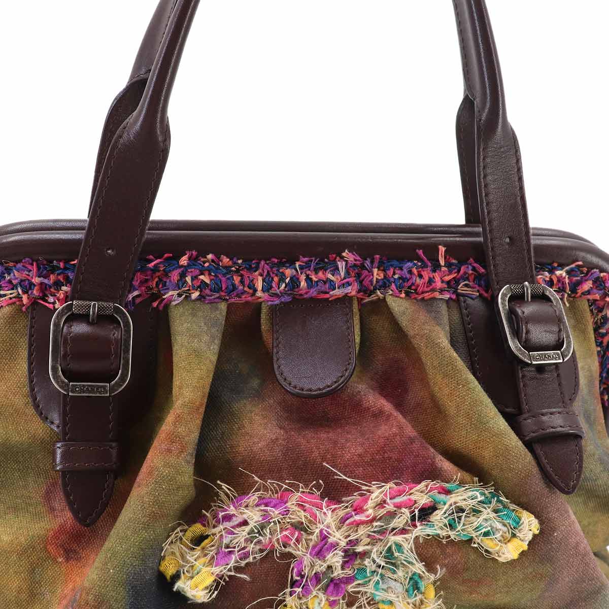 CHANEL Embroidery Graffiti Hand Bag Canvas Leather Khaki Brown A92791