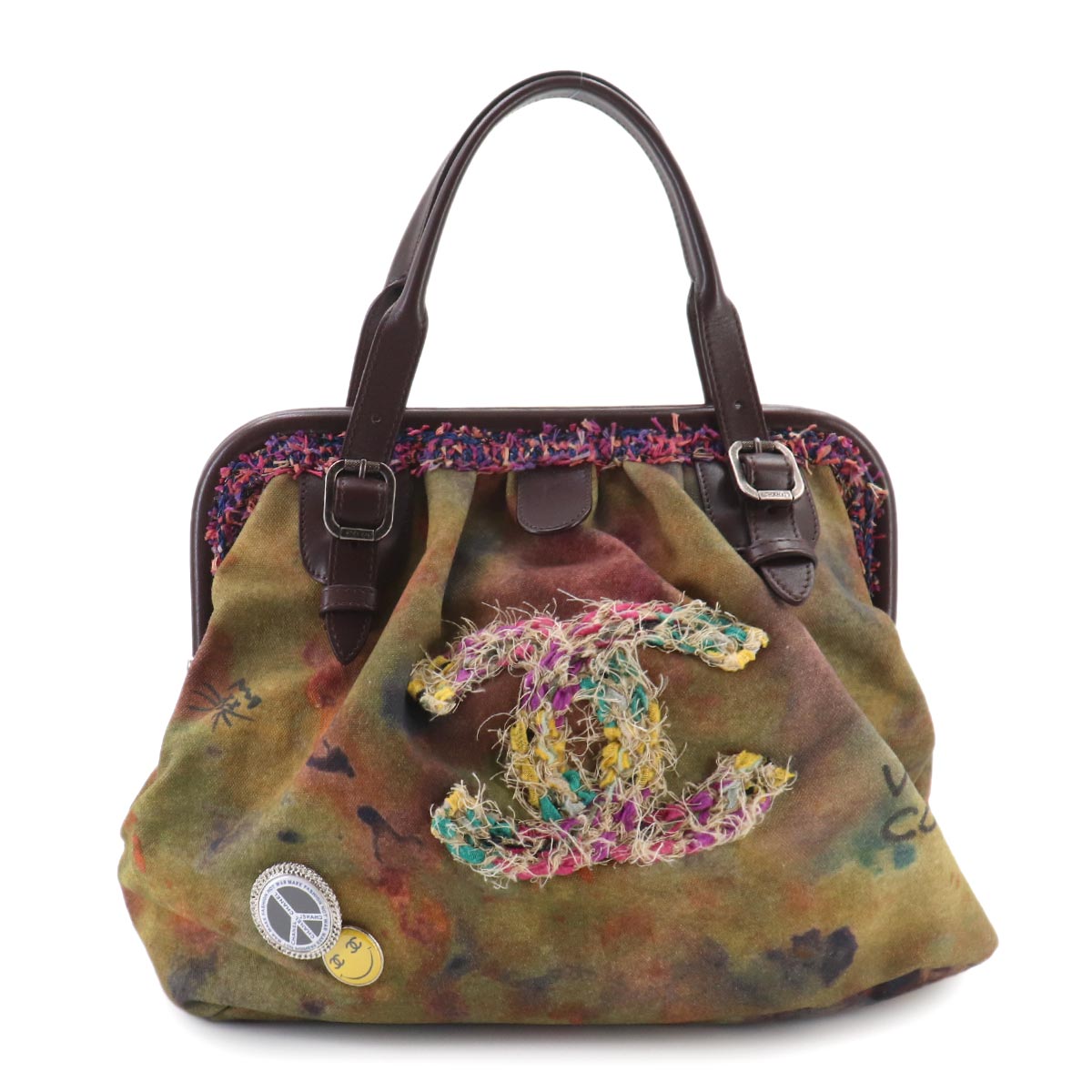 CHANEL Embroidery Graffiti Hand Bag Canvas Leather Khaki Brown A92791