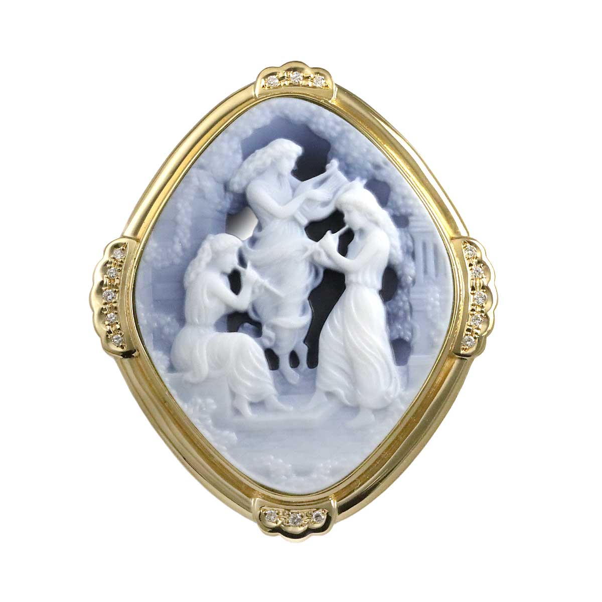 Agate cameo Diamond 0.15ct Brooch Pendant Top 18K YG 750