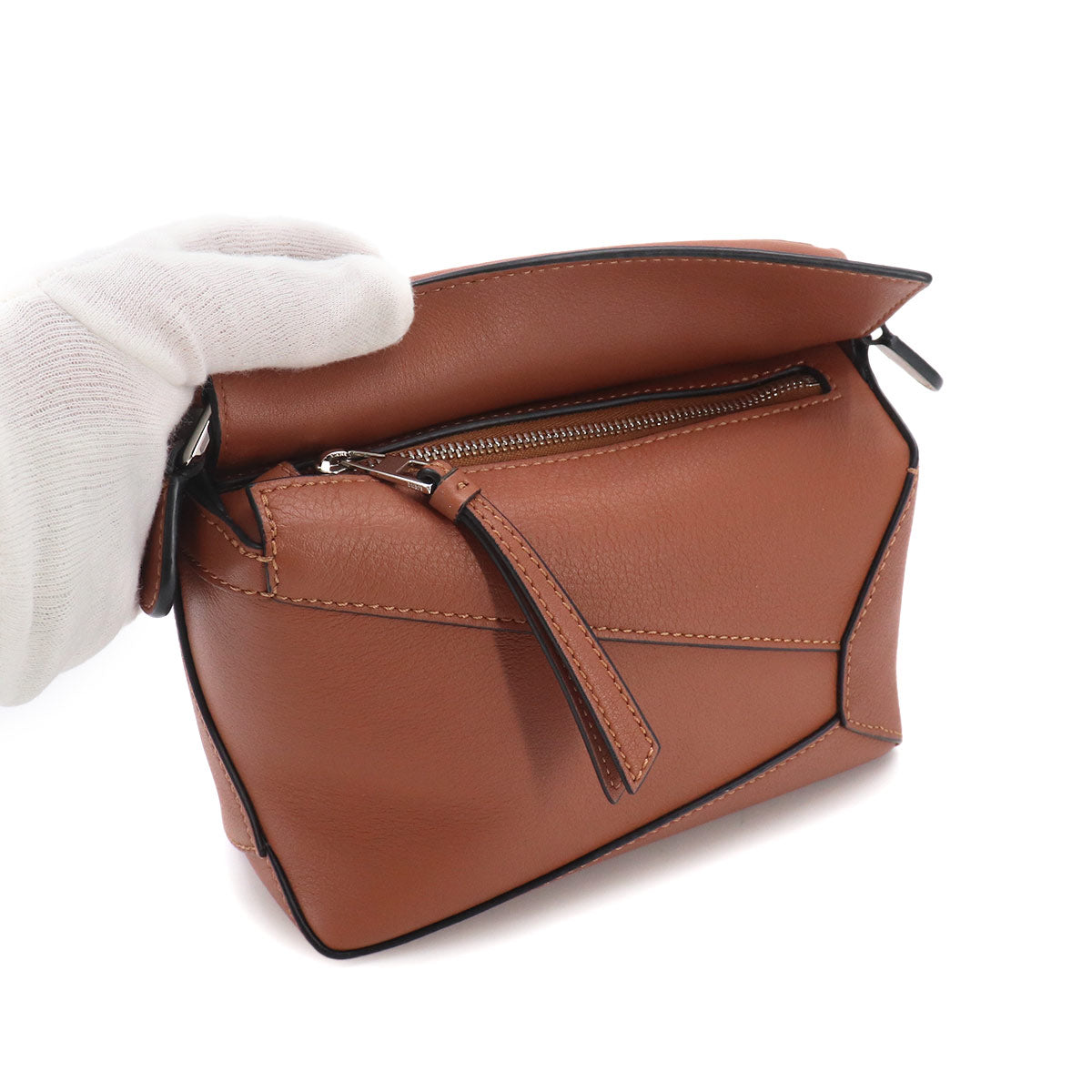 Pazzle Edge Bag Mini Hand Shoulder Bag Leather Tan Purse
