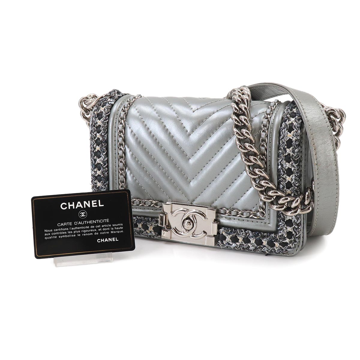 BOY CHANEL Small Chain Shoulder Bag Leather Tweed Silver A67085