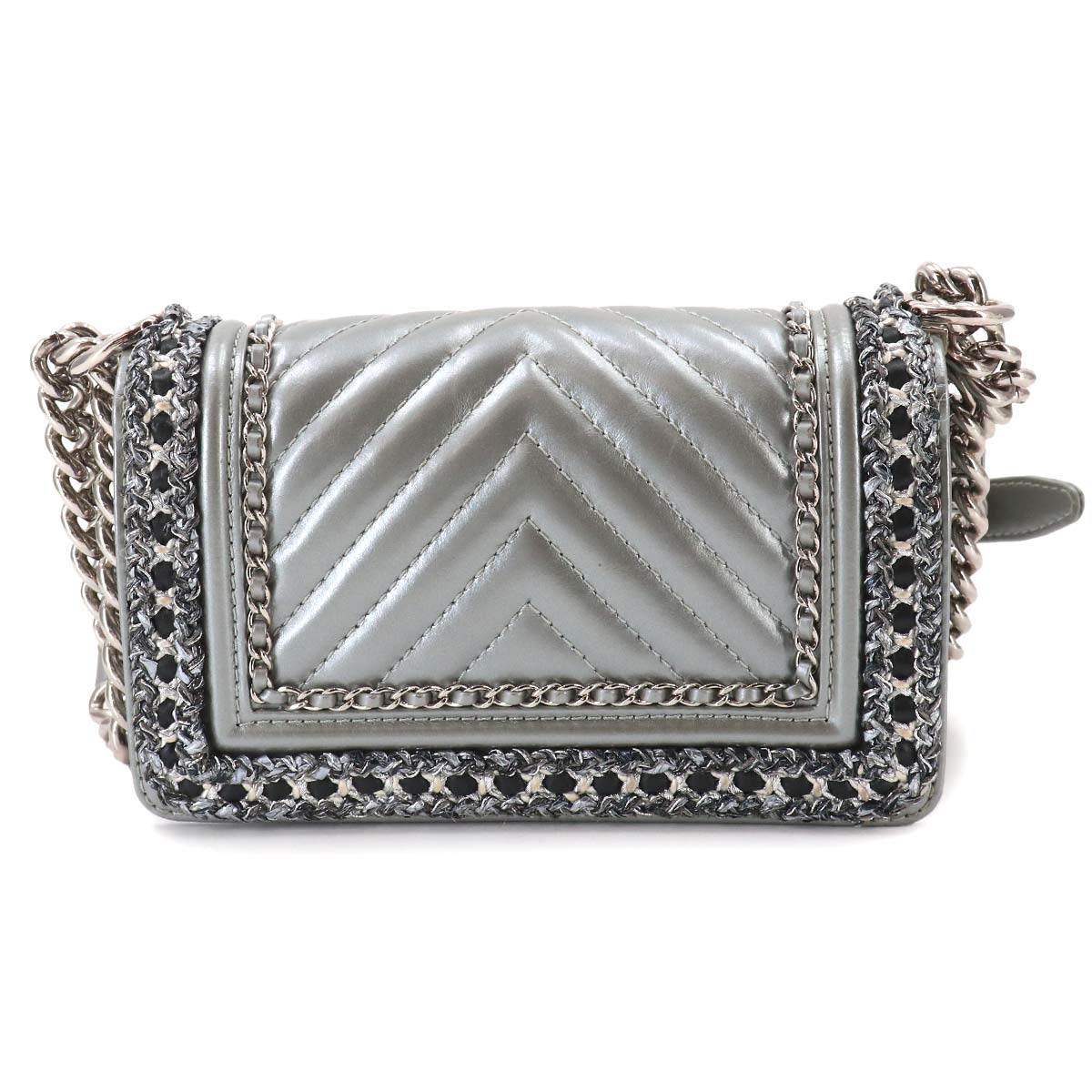 BOY CHANEL Small Chain Shoulder Bag Leather Tweed Silver A67085