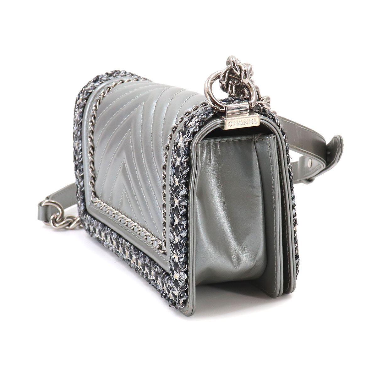 BOY CHANEL Small Chain Shoulder Bag Leather Tweed Silver A67085