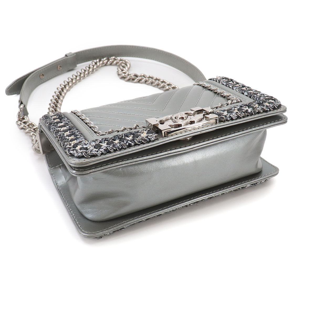 BOY CHANEL Small Chain Shoulder Bag Leather Tweed Silver A67085