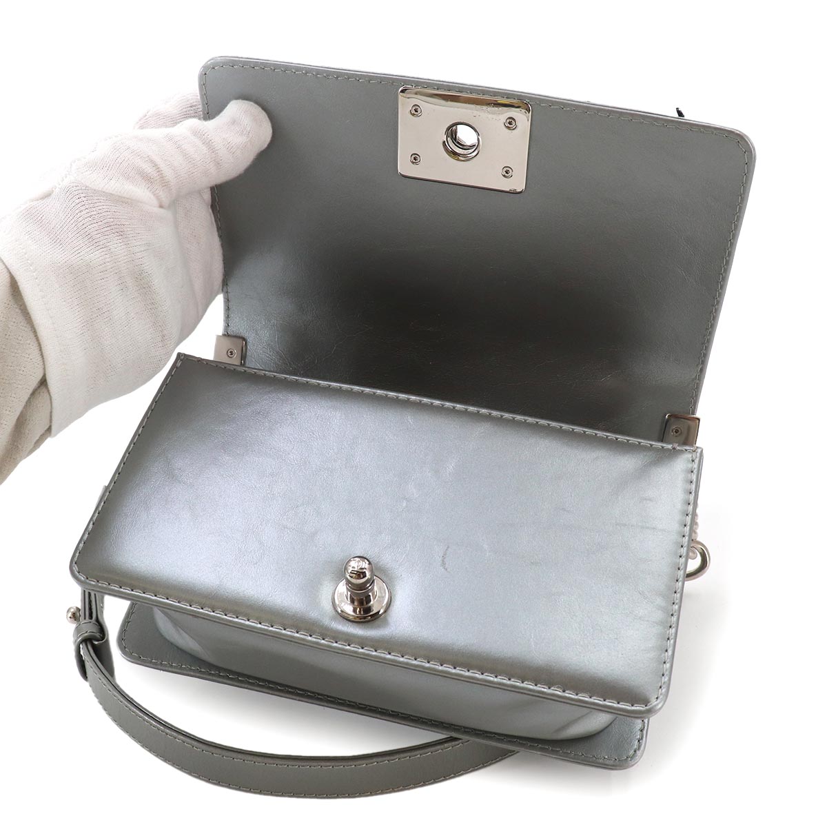BOY CHANEL Small Chain Shoulder Bag Leather Tweed Silver A67085