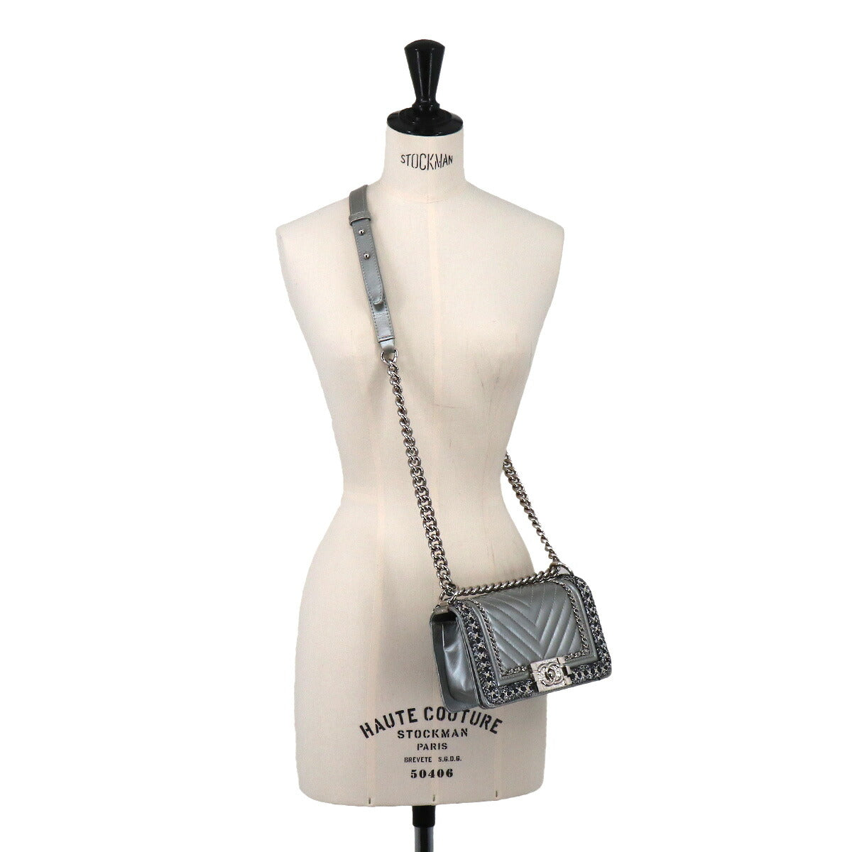 BOY CHANEL Small Chain Shoulder Bag Leather Tweed Silver A67085