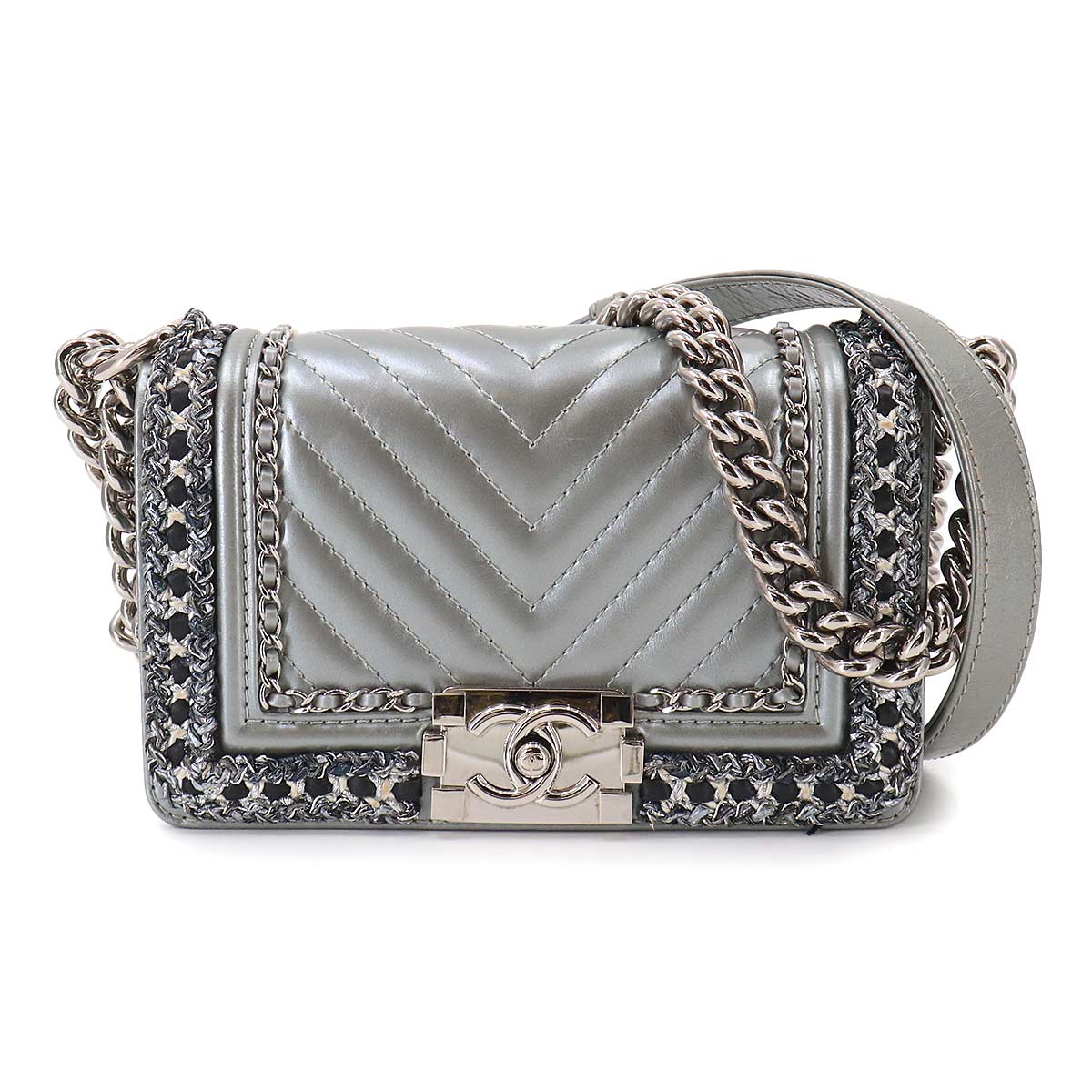 BOY CHANEL Small Chain Shoulder Bag Leather Tweed Silver A67085