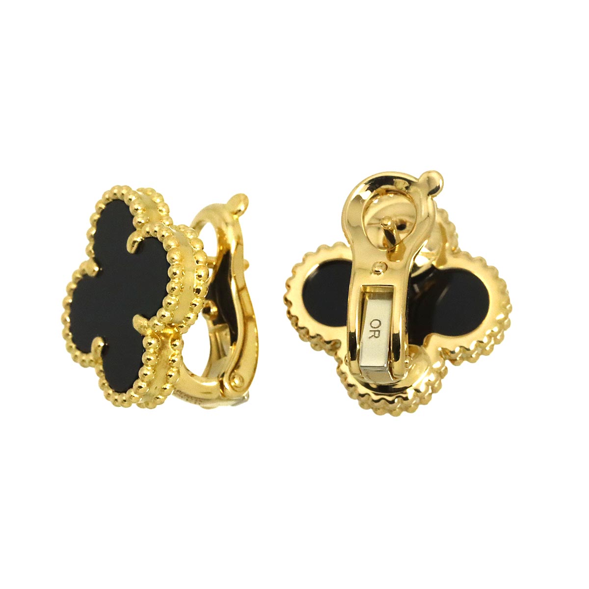 Vintage Alhambra Onyx Earrings Pierced 18K YG 750