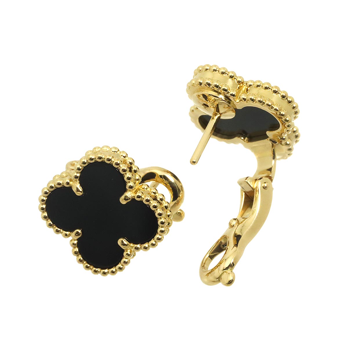 Vintage Alhambra Onyx Earrings Pierced 18K YG 750