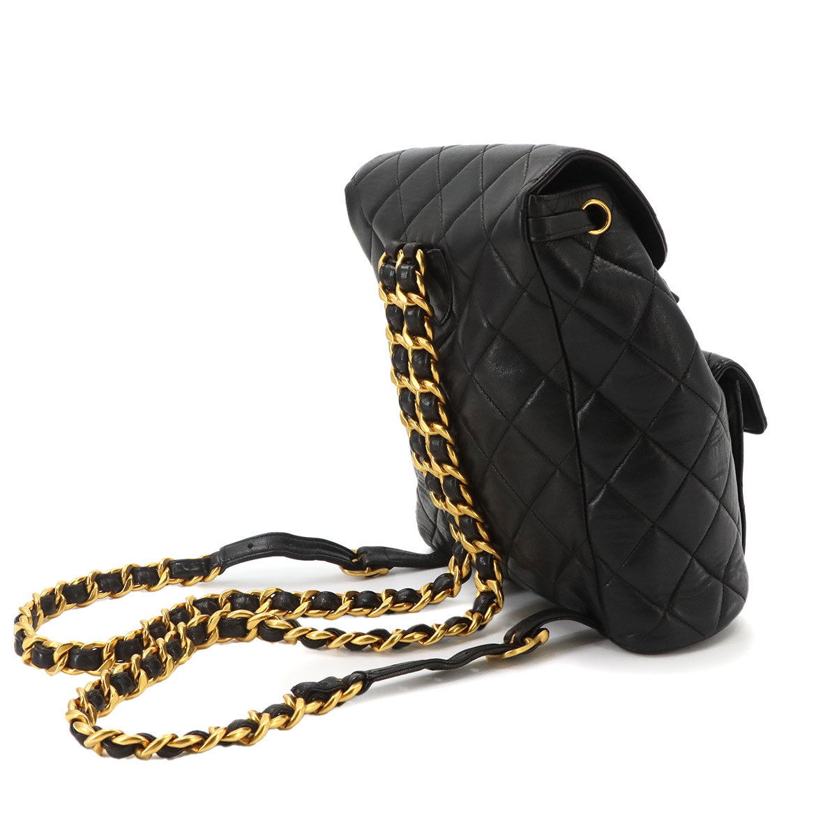 Matelasse Chain Backpack Leather Black duma Purse Vintage