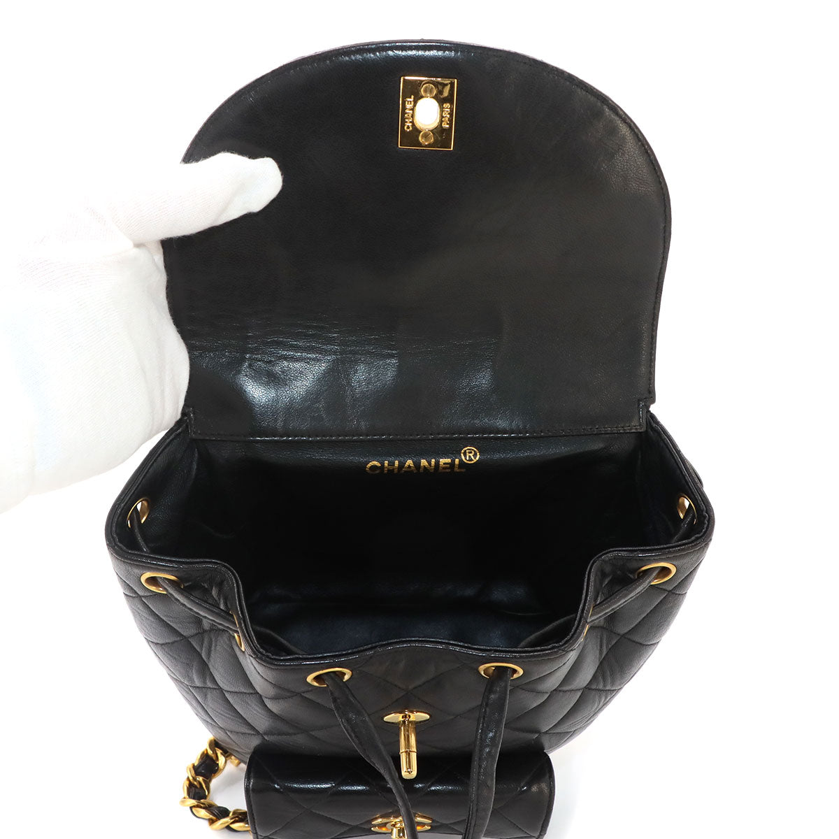 Matelasse Chain Backpack Leather Black duma Purse Vintage