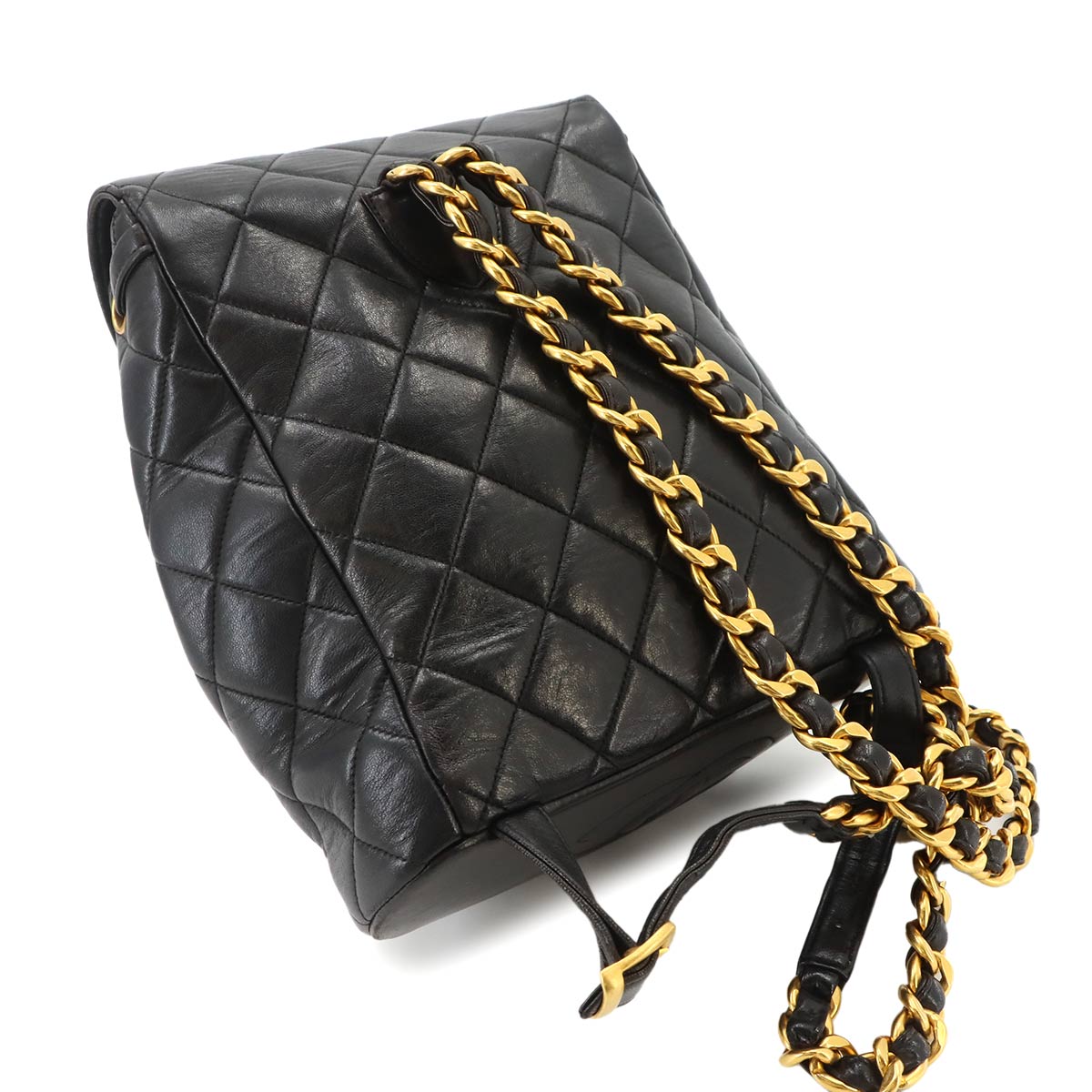 Matelasse Chain Backpack Leather Black duma Purse Vintage
