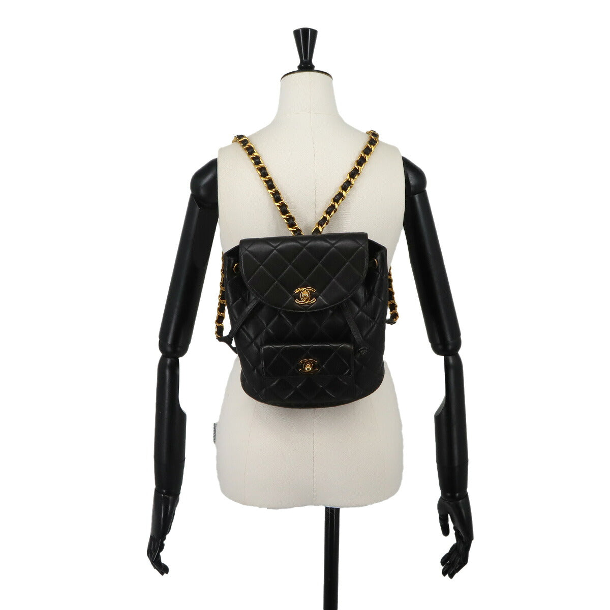 Matelasse Chain Backpack Leather Black duma Purse Vintage