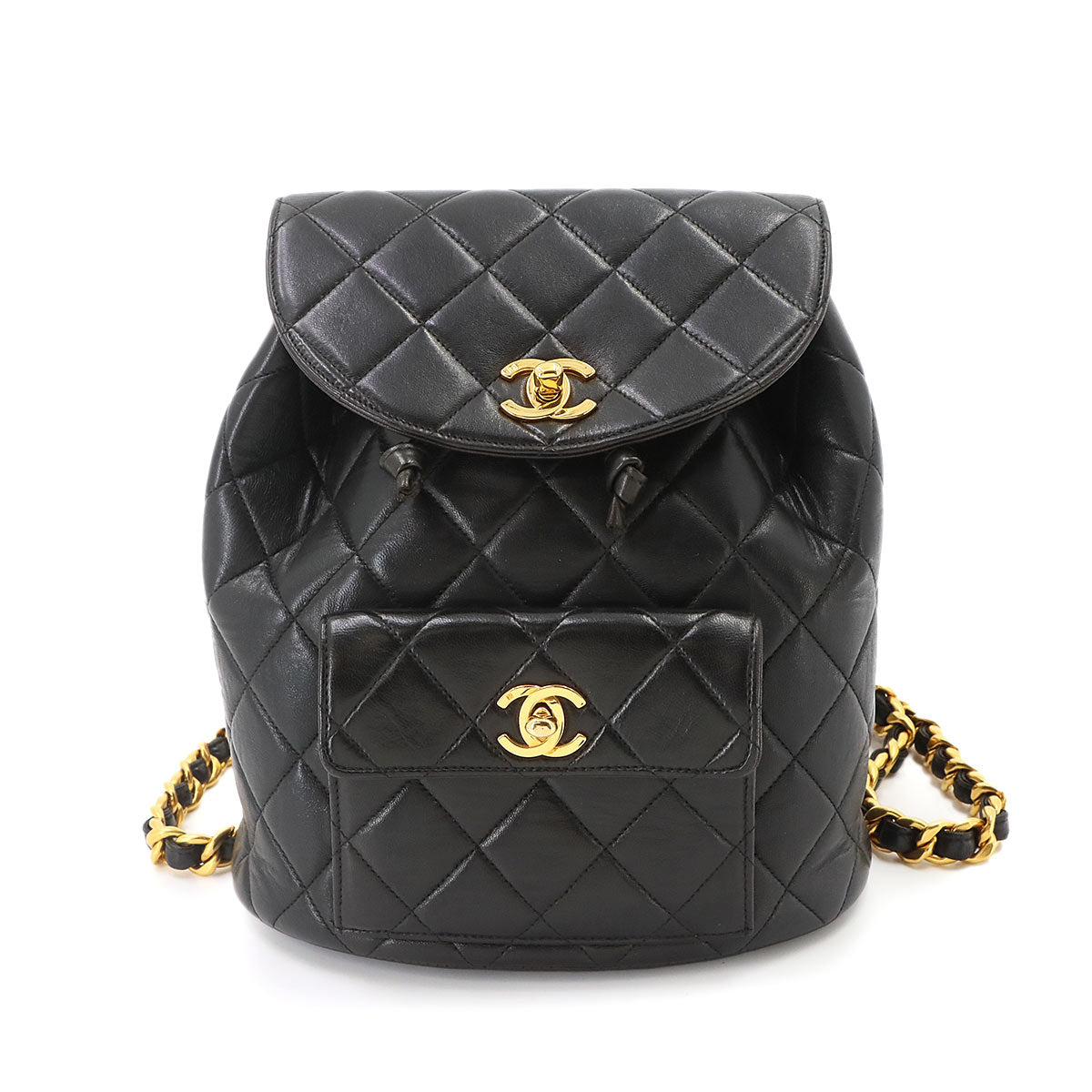 Matelasse Chain Backpack Leather Black duma Purse Vintage