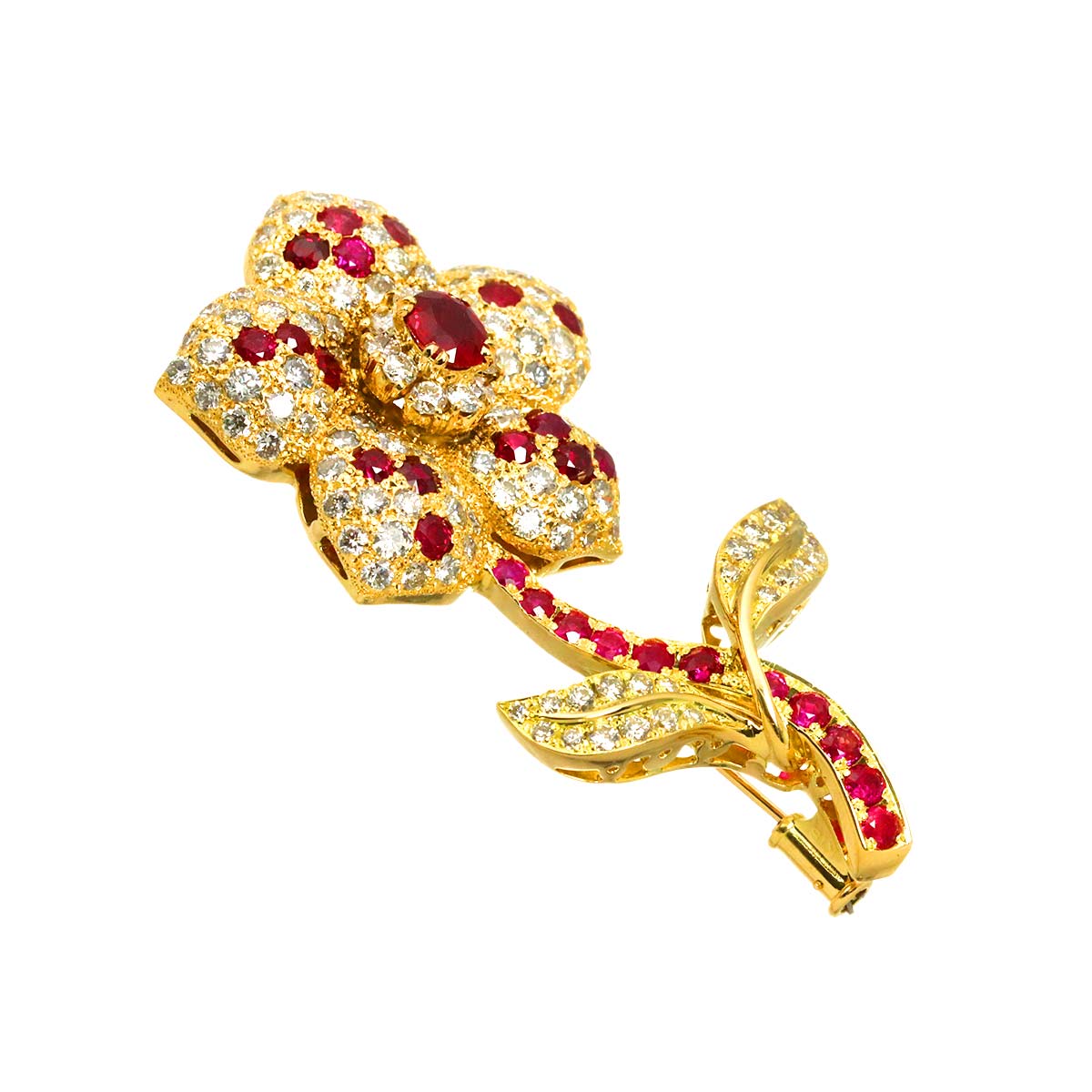 Ruby 0.70ct/3.53ct Diamond 3.98ct Brooch 18K YG Yellow Gold 750