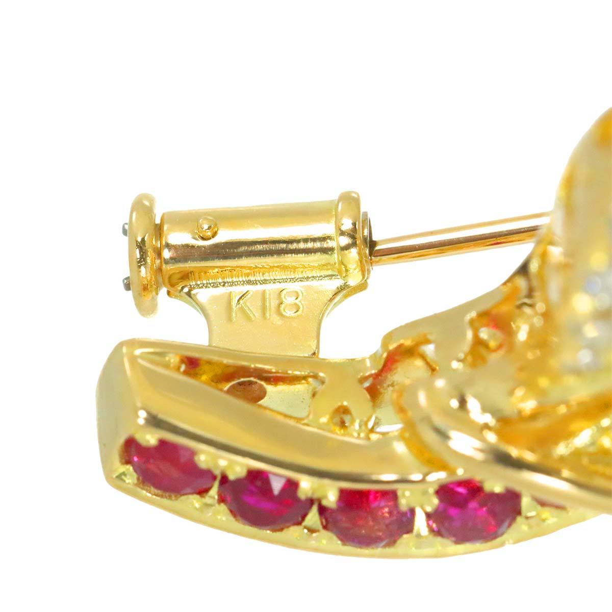 Ruby 0.70ct/3.53ct Diamond 3.98ct Brooch 18K YG Yellow Gold 750