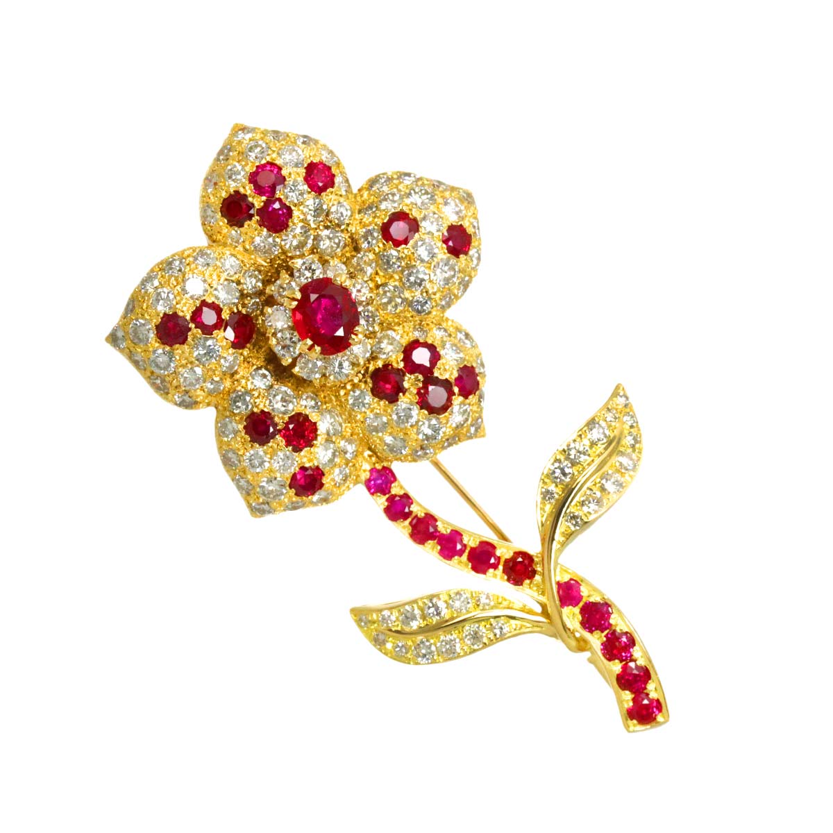 Ruby 0.70ct/3.53ct Diamond 3.98ct Brooch 18K YG Yellow Gold 750