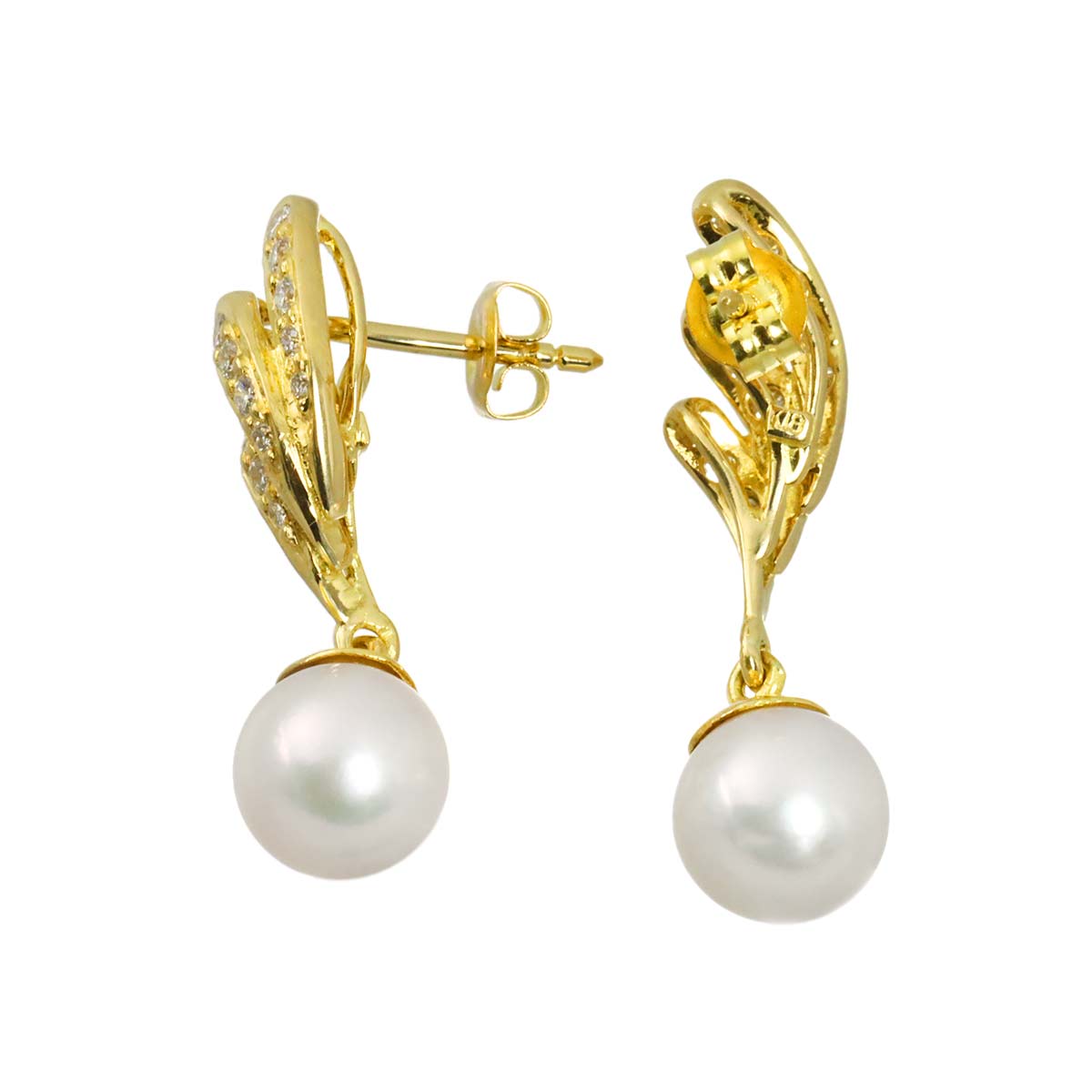 Akoya Pearl 7.0mm Diamond 0.22ct Earrings Pierced 18K YG 750