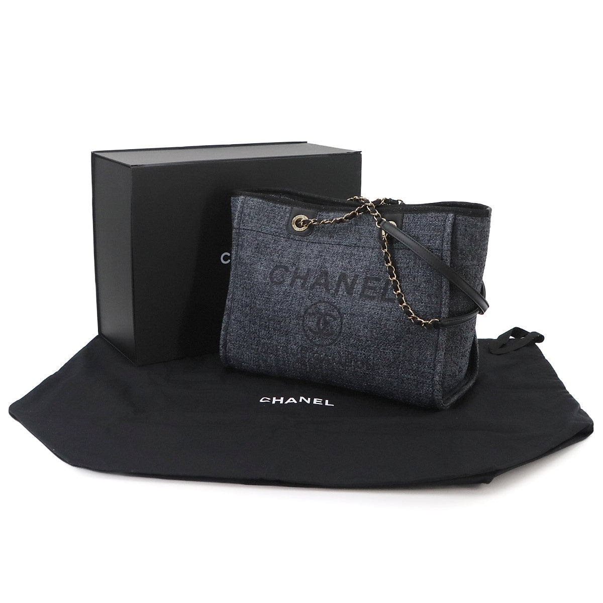 Deauville Chain Tote Bag Straw Leather Navy A67001 Purse