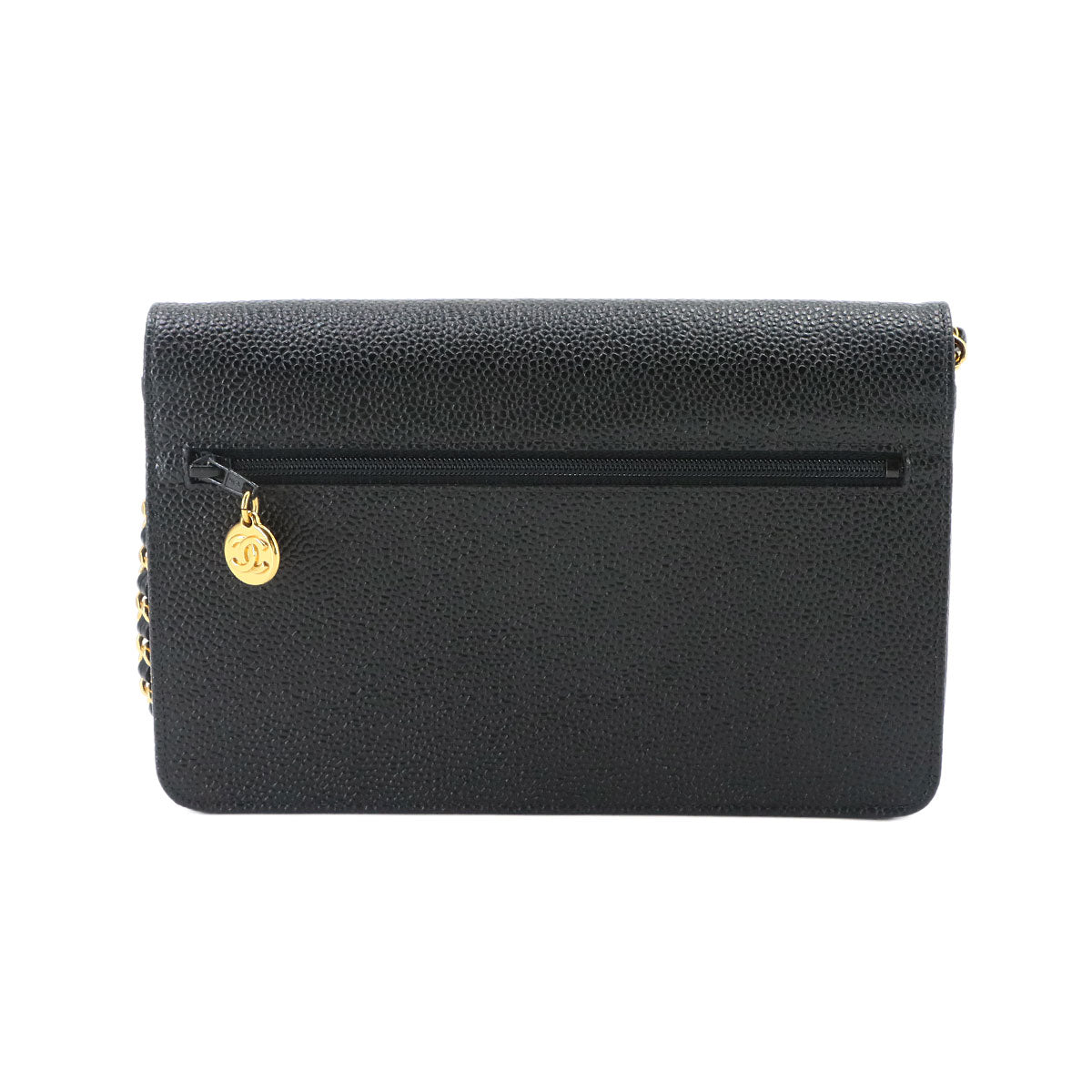 Chain Long Wallet Leather Black Coco Logos Purse