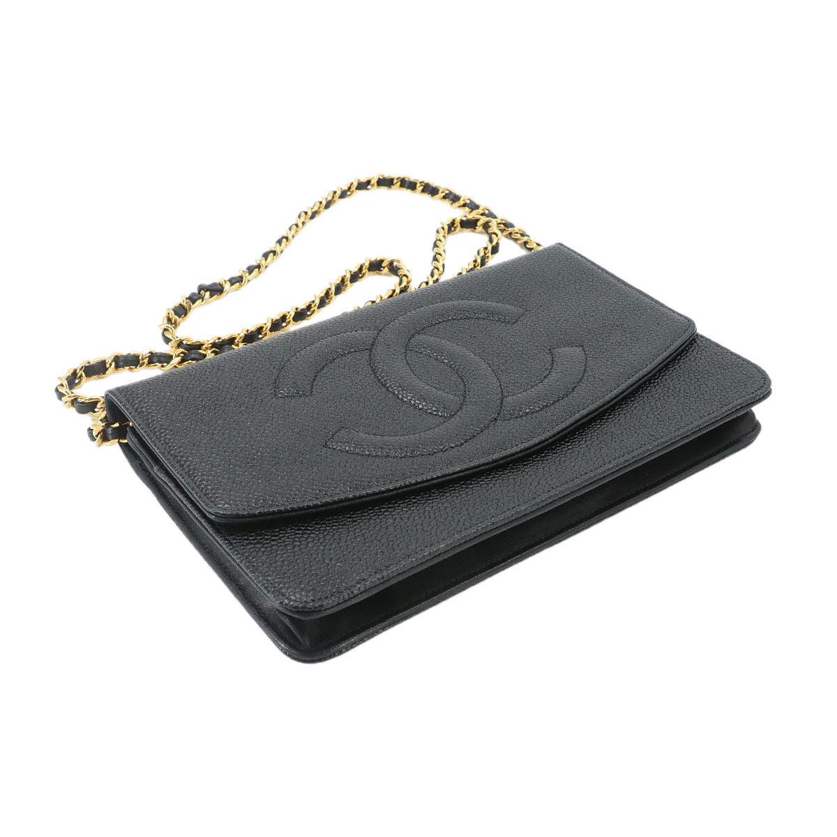 Chain Long Wallet Leather Black Coco Logos Purse