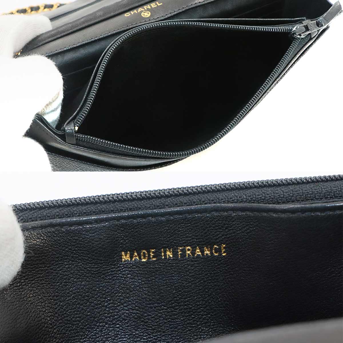 Chain Long Wallet Leather Black Coco Logos Purse