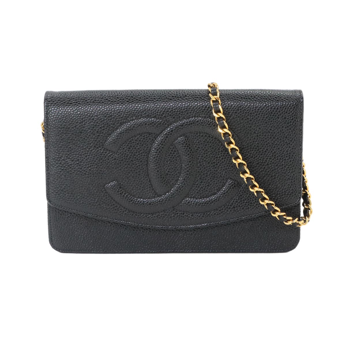 Chain Long Wallet Leather Black Coco Logos Purse
