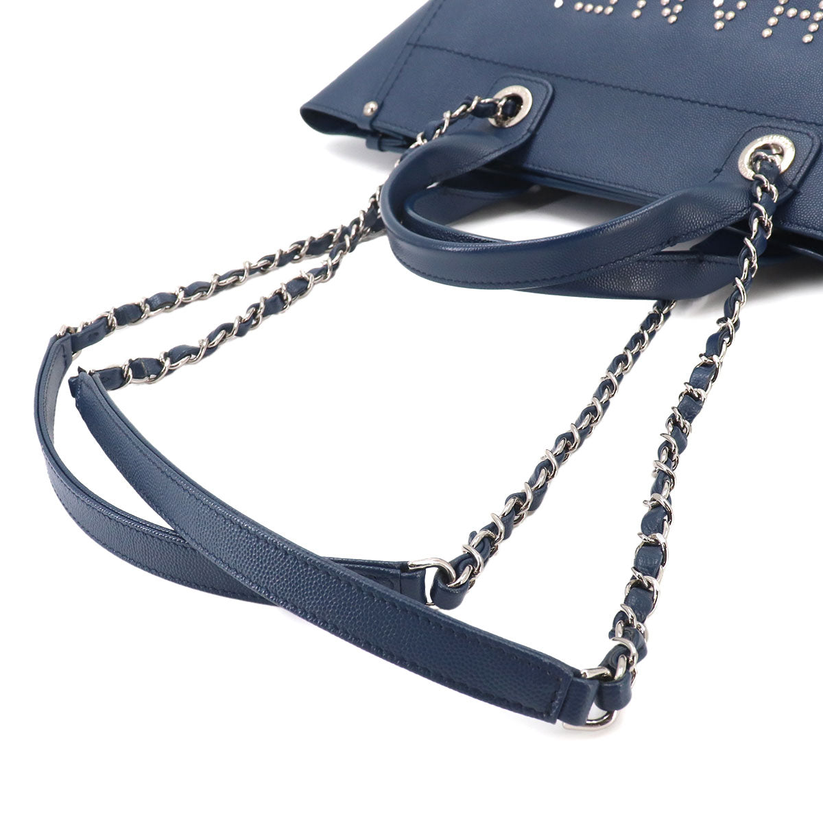 Deauville Tote Chain Shoulder Bag Leather Navy A57069 Studs