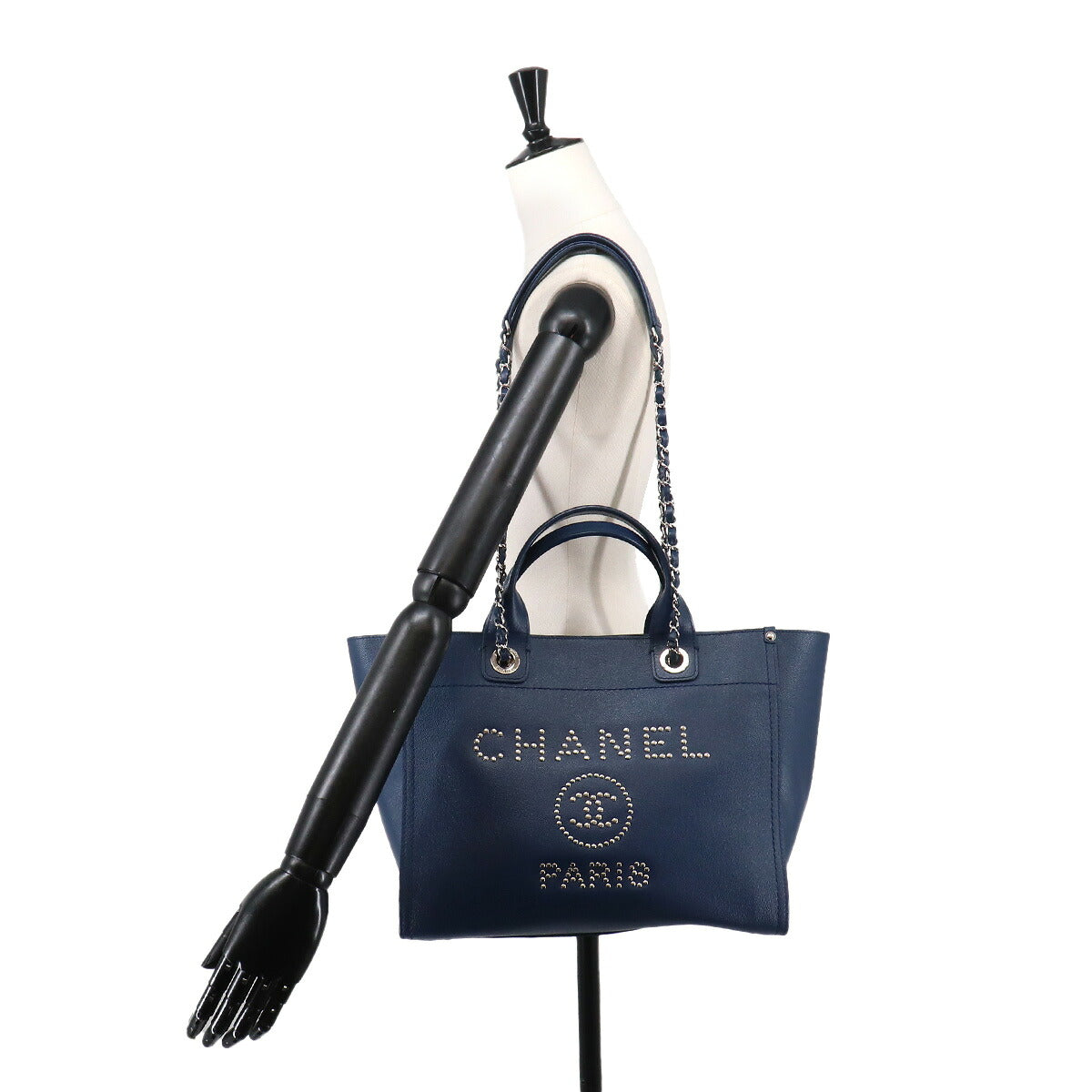 Deauville Tote Chain Shoulder Bag Leather Navy A57069 Studs