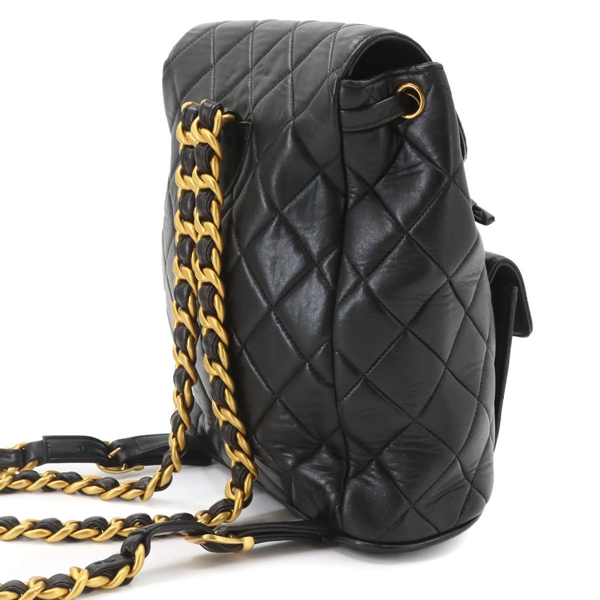 Matelasse Chain Backpack Leather Black duma Purse Vintage