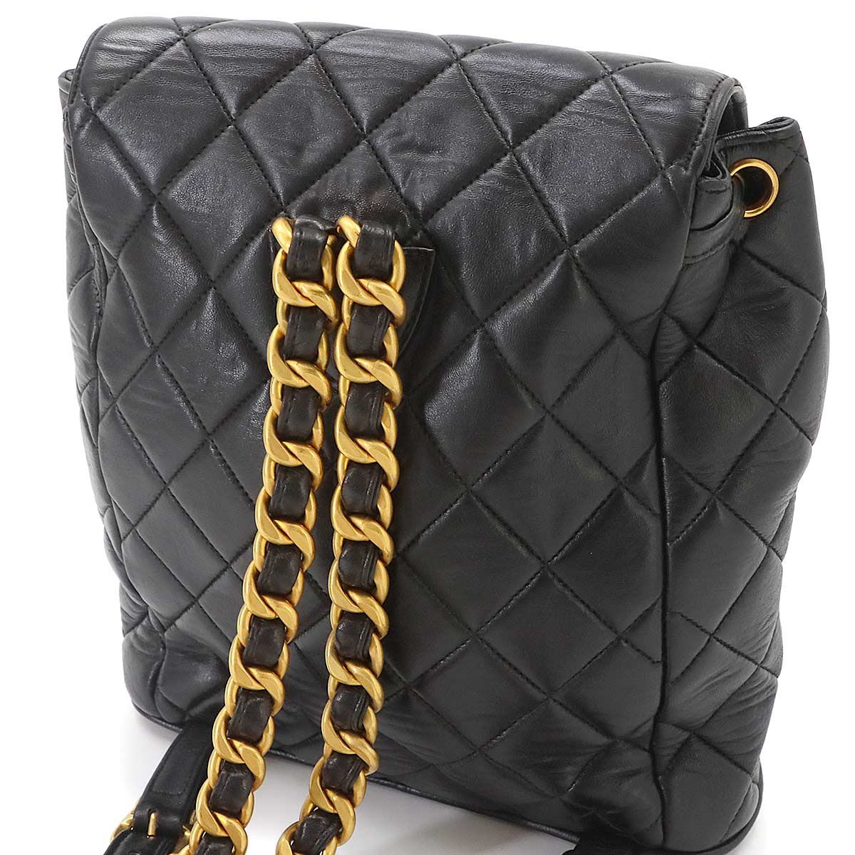 Matelasse Chain Backpack Leather Black duma Purse Vintage