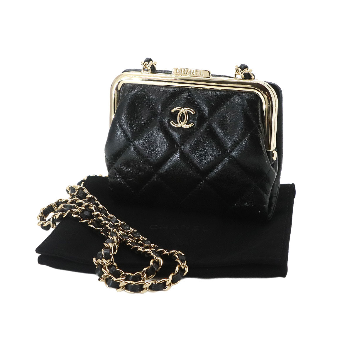 Matelasse Kiss-lock Chain Wallet Leather Black